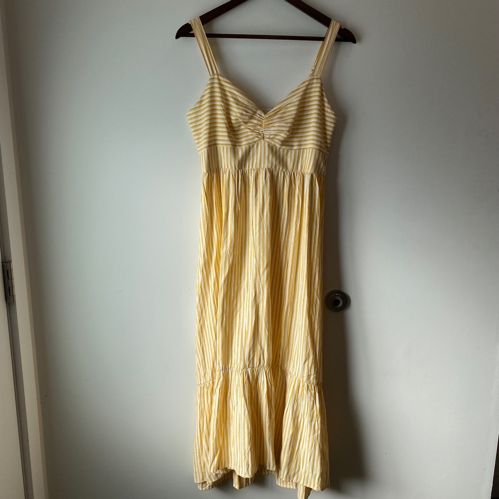 Skies Are Blue Dress Womens M Yellow Stripe Midi Sun Dress Smocked Tiered Ruffle